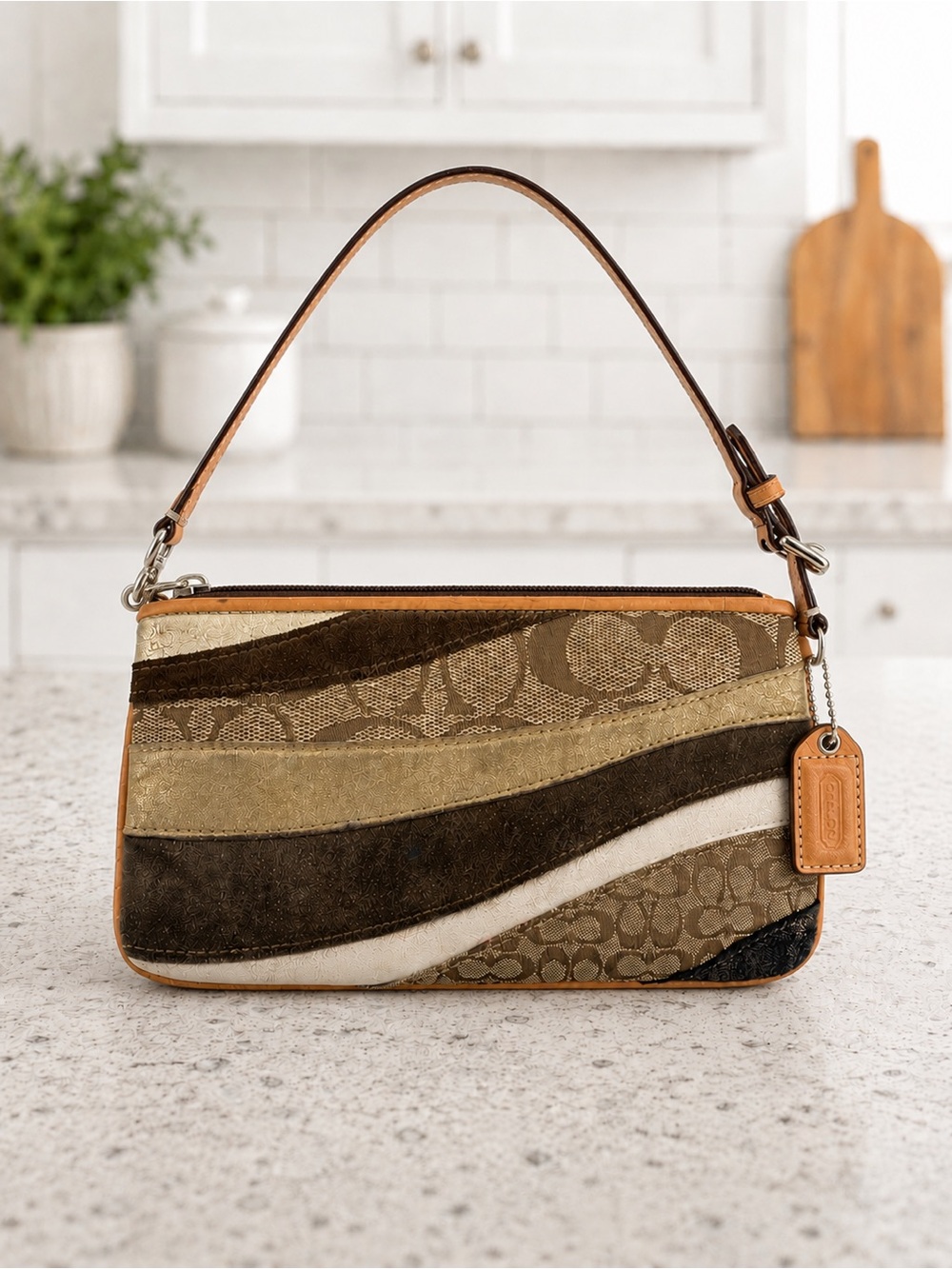 Coach Wave Patchwork Wristlet – Suede, Metallic Leather & Signature Jacquard